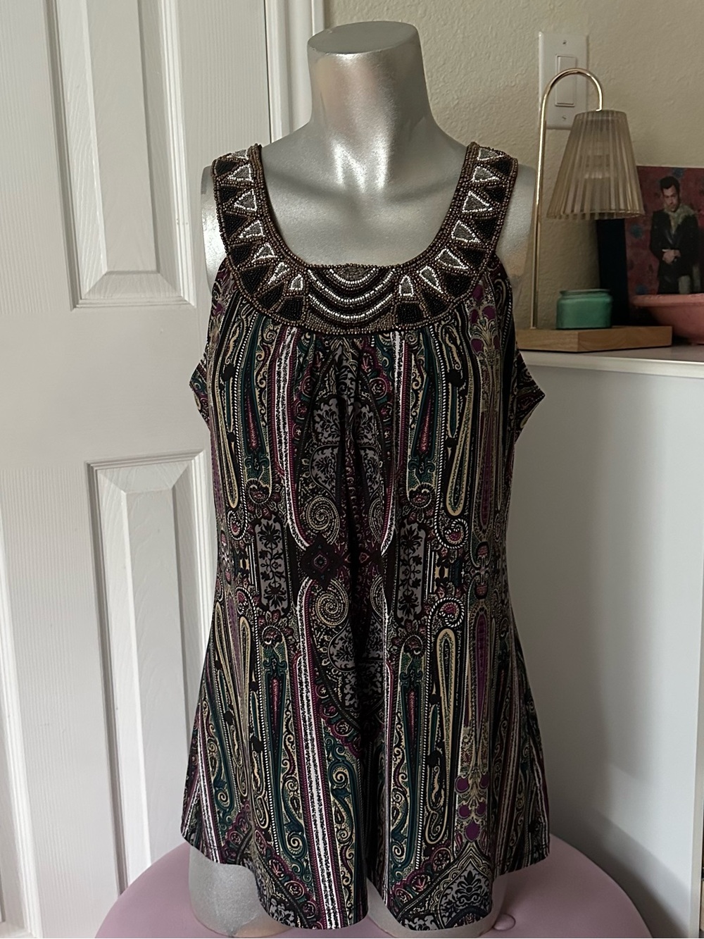 Vintage Studio Y Multicolor Beaded Neckline Boho Paisley Sleevless Top